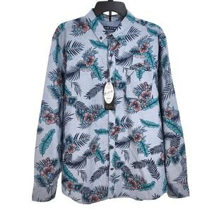 NEW Raw Yarn Industries Button Down Shirt Large Slim Fit Chambray Floral Cotton
